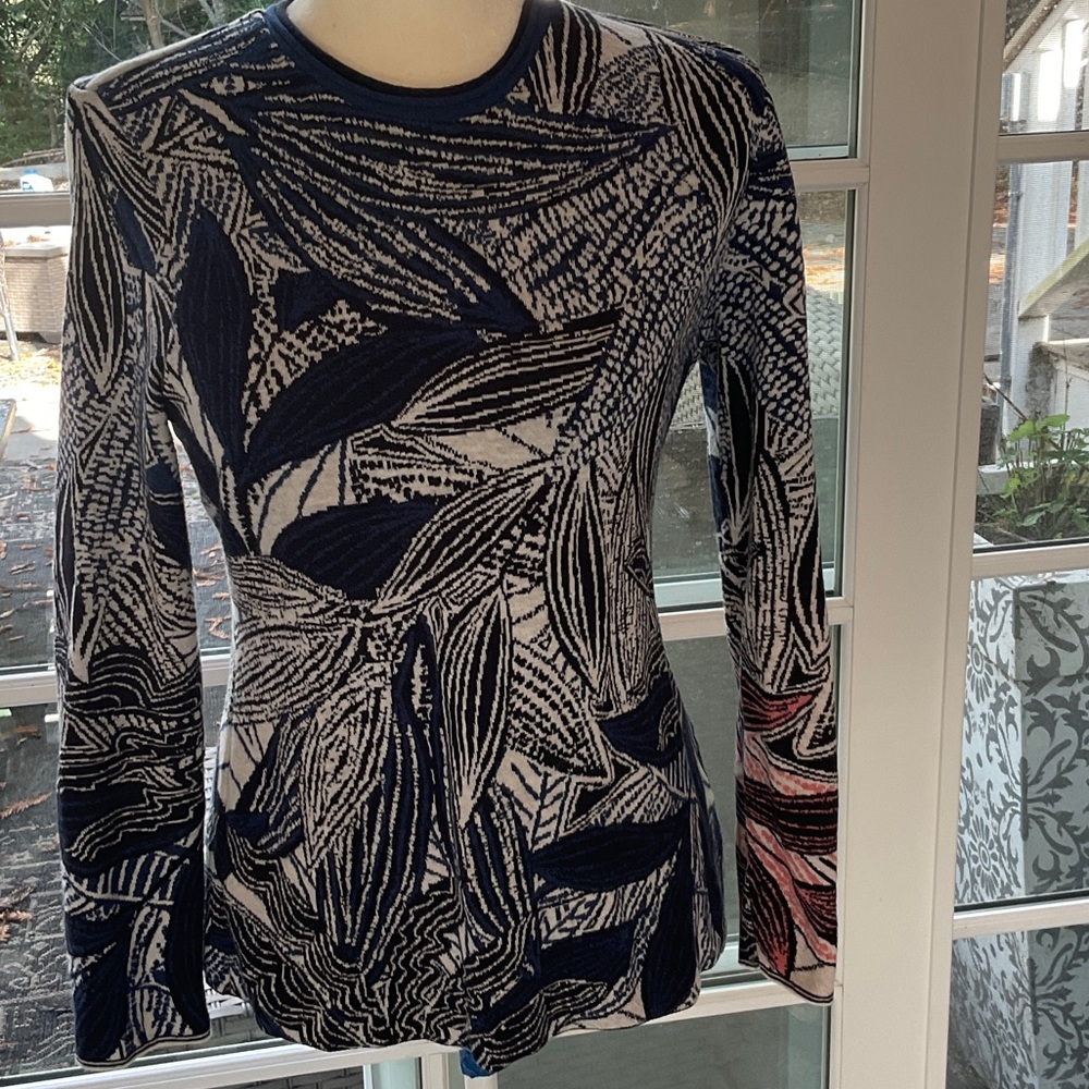 Navy, Blue and Pink Leaf Print Cotton Sweater